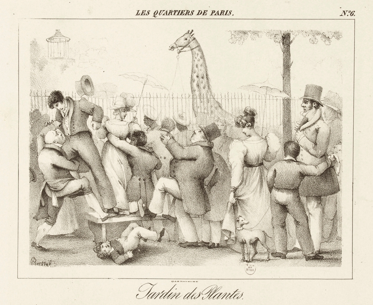 Het publiek verdringt zich voor de hekken van de Jardin des Plantes, Henri Daniel Plattel, lithografie, 1827