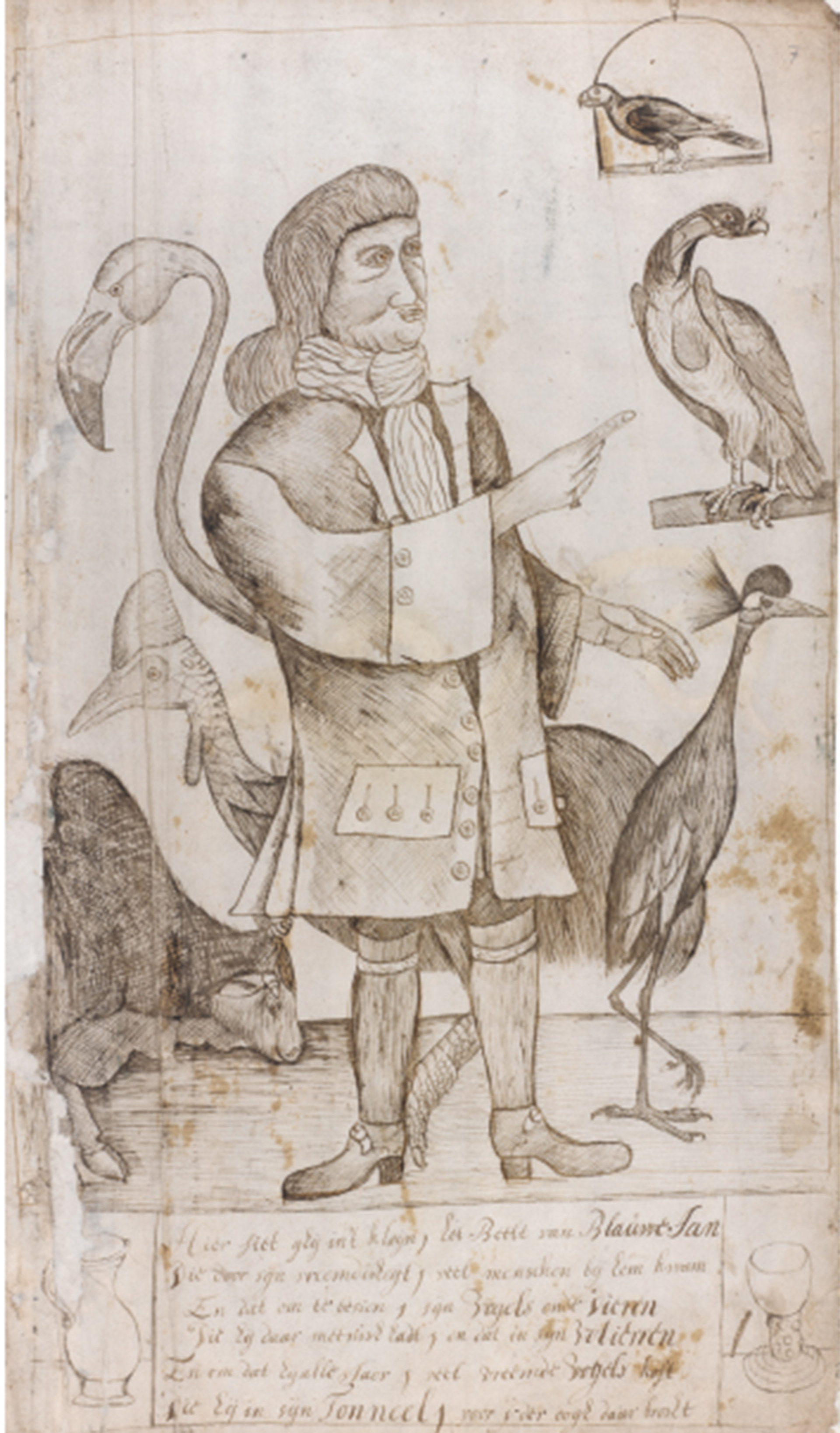 Blauw Jan omringd door zijn dieren met rechts de koningsgier.