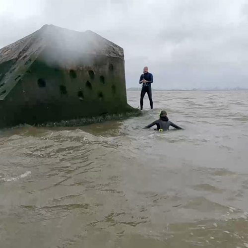 Afbeelding van Door de woeste golven zwemmen naar een bijzondere bunker